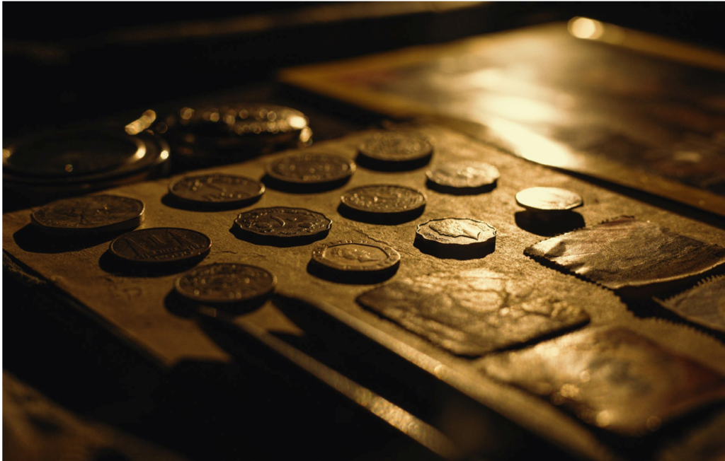 precious metal coins on a table