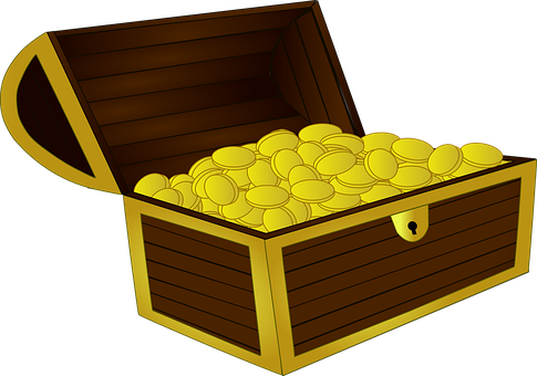 A picture of gold coins in a trunk