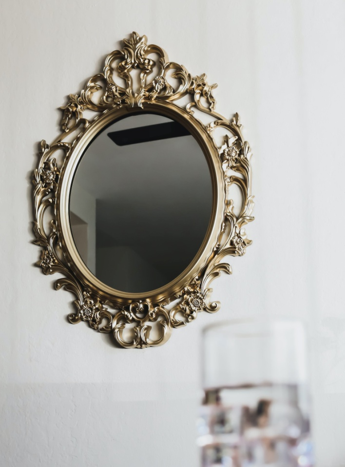 A mirror with a polished silver layer on it