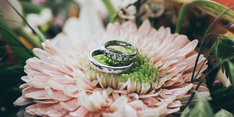 Palladium wedding rings placed on a pink flower