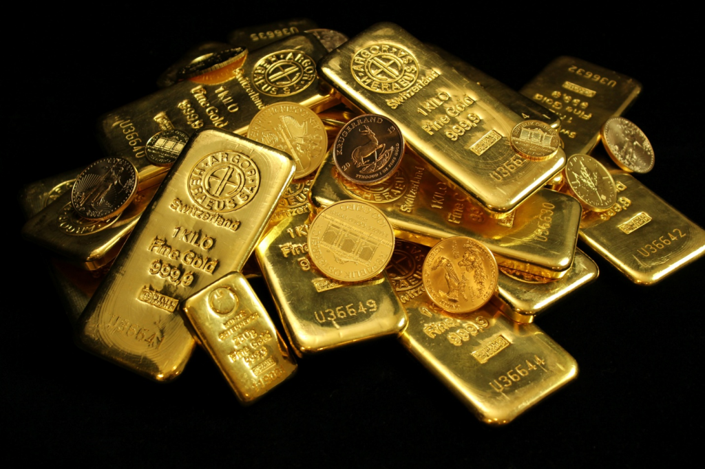 Gold bars and coins.